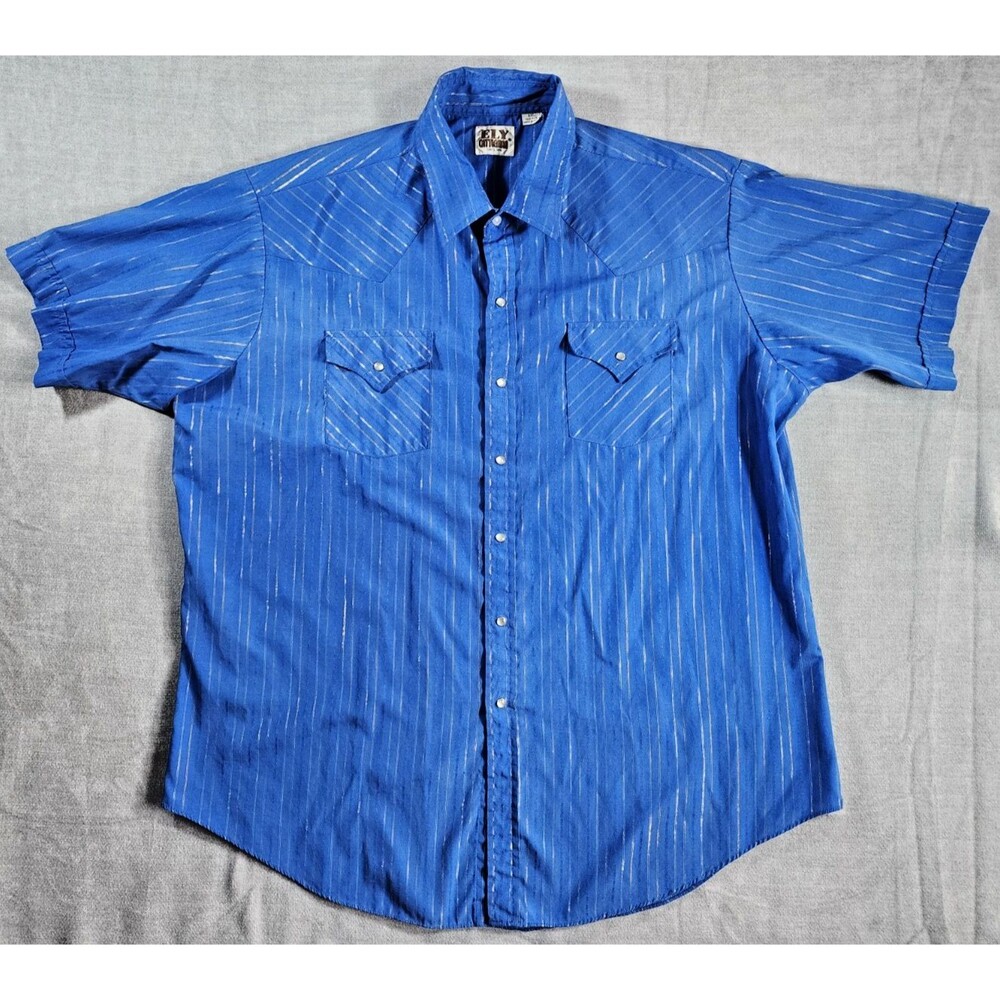 Ely Cattleman Blue Shirt Mens XXL Silver Pinstripe Pearl Snap Short Sleeve